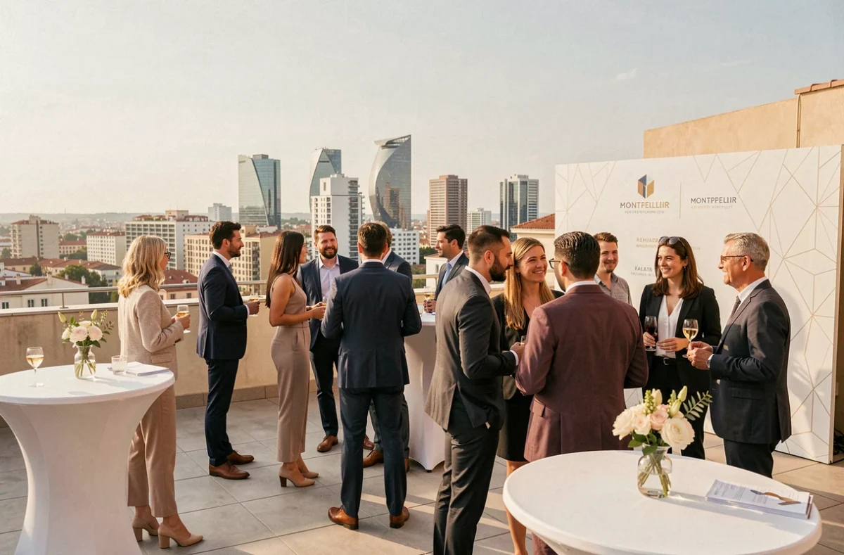 Événement corporate organisé par l'agence Feely sur une terrasse à Montpellier avec vue sur la ville