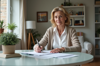 Femme d'une cinquantaine d'années remplissant des papiers à la maison