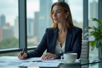 Femme d'affaires en costume bleu dans un bureau moderne