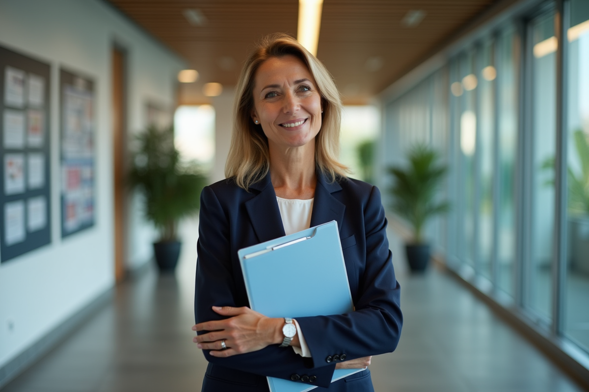 Femme d affaires avec dossier loi elan dans un bureau moderne