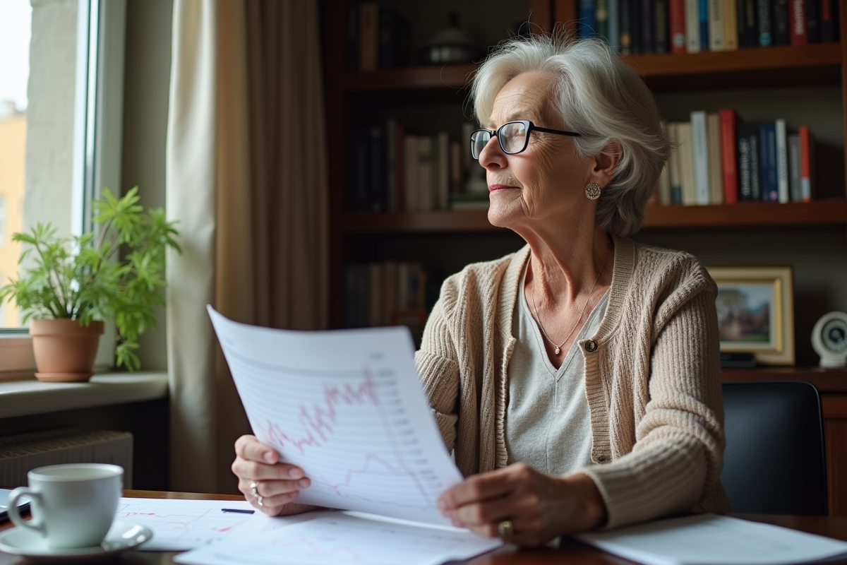 Femme âgée contemplant un graphique boursier en intérieur