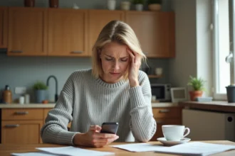 Femme tenant un smartphone affichant un appel entrant non désiré, illustrant la protection contre le démarchage téléphonique et l'inscription Bloctel