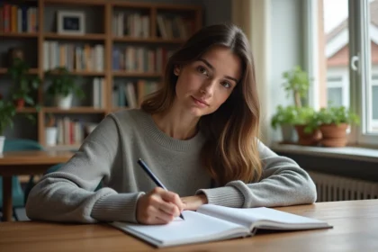 Jeune femme étudie le français à son bureau cozy