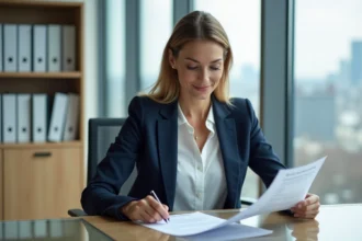 Femme professionnelle en bureau examinant un devis d'assurance