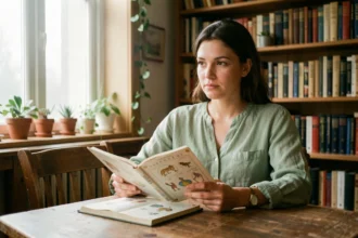 Femme consultant un livre d'astrologie sur le signe du 12 juillet dans une bibliothèque chaleureuse