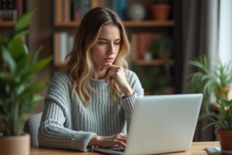 Femme consultant des avis clients sur un site e-commerce depuis son bureau à domicile, expression dubitative face à un shop en ligne