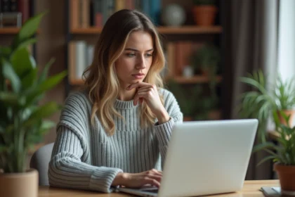 Femme consultant des avis clients sur un site e-commerce depuis son bureau à domicile, expression dubitative face à un shop en ligne