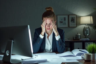Femme stressée au bureau entourée de papiers et d'écran lumineux