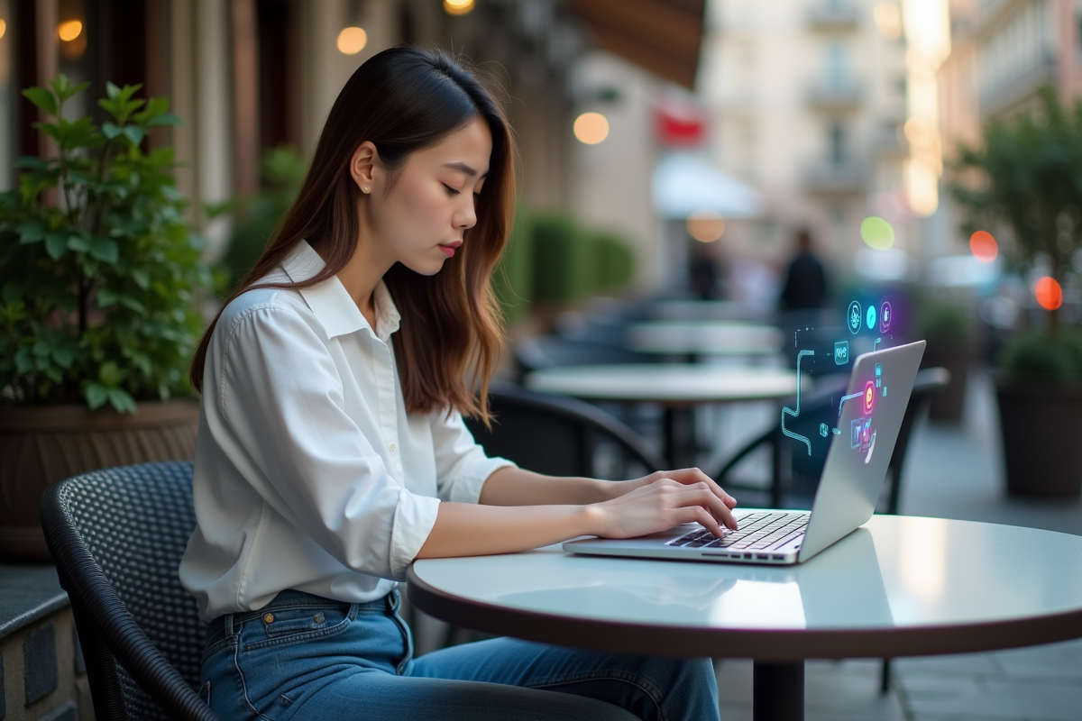 Jeune femme travaillant sur son ordinateur au café