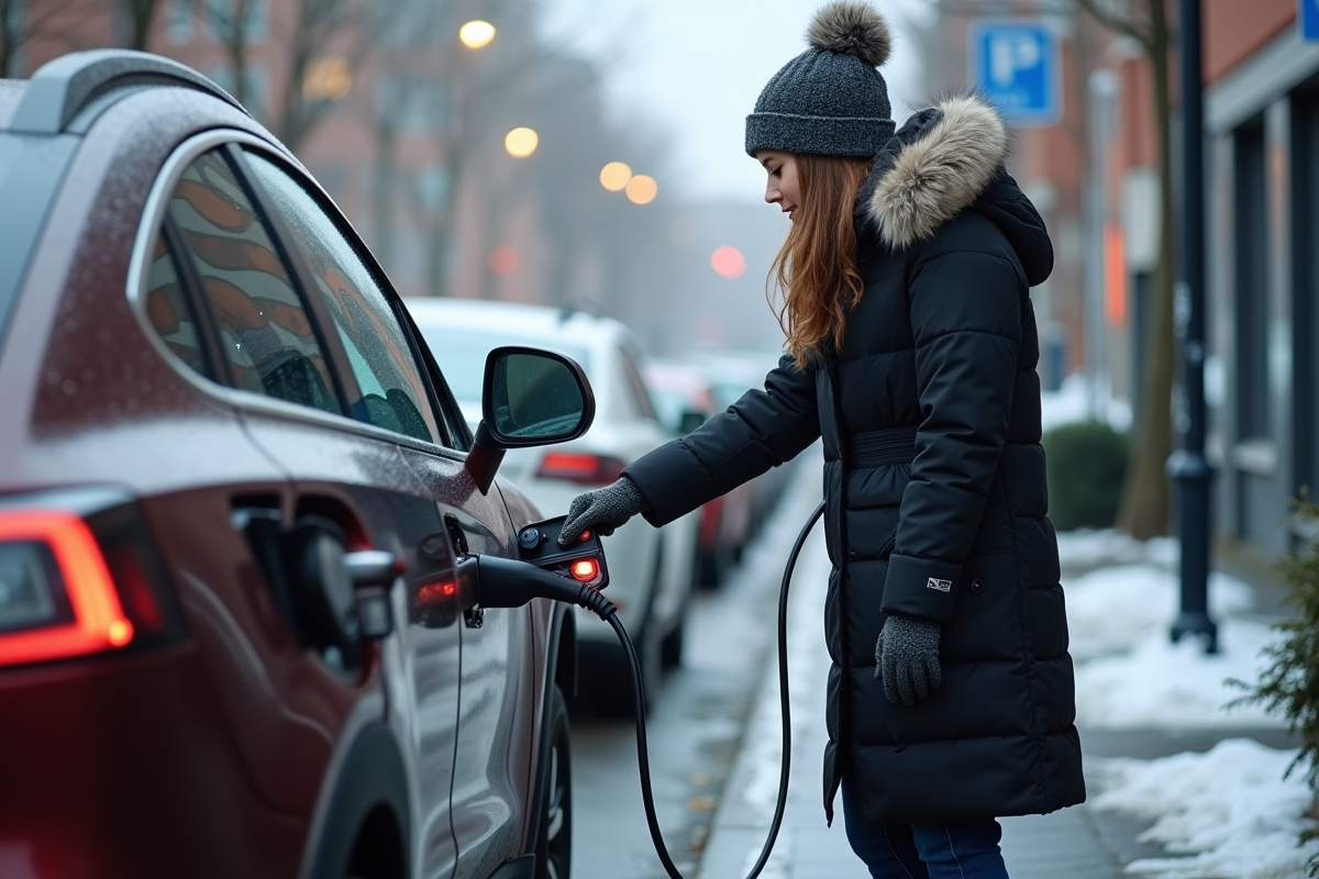 Jeune femme chargeant voiture électrique en ville