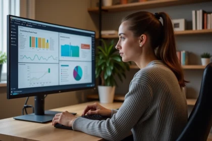 Femme comparant des logiciels alternatifs sur un ordinateur dans un bureau moderne à domicile