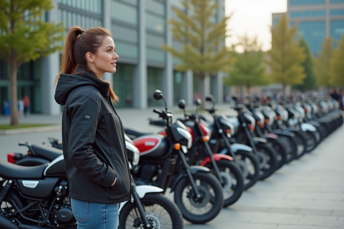 Femme compare plusieurs motos 125cc en ville