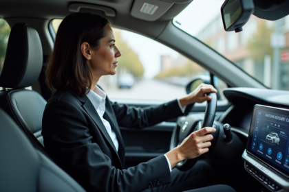Femme en voiture moderne dans une ville dynamique