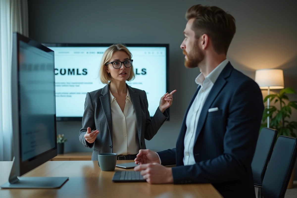 Femme d affaires pointant un écran dans une salle de réunion moderne