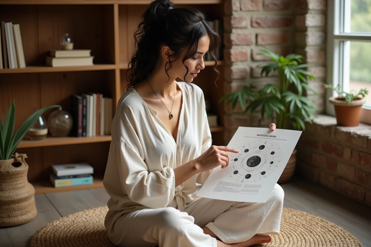 Femme consultant un tableau des phases lunaires dans un intérieur cosy avec étagères et plantes