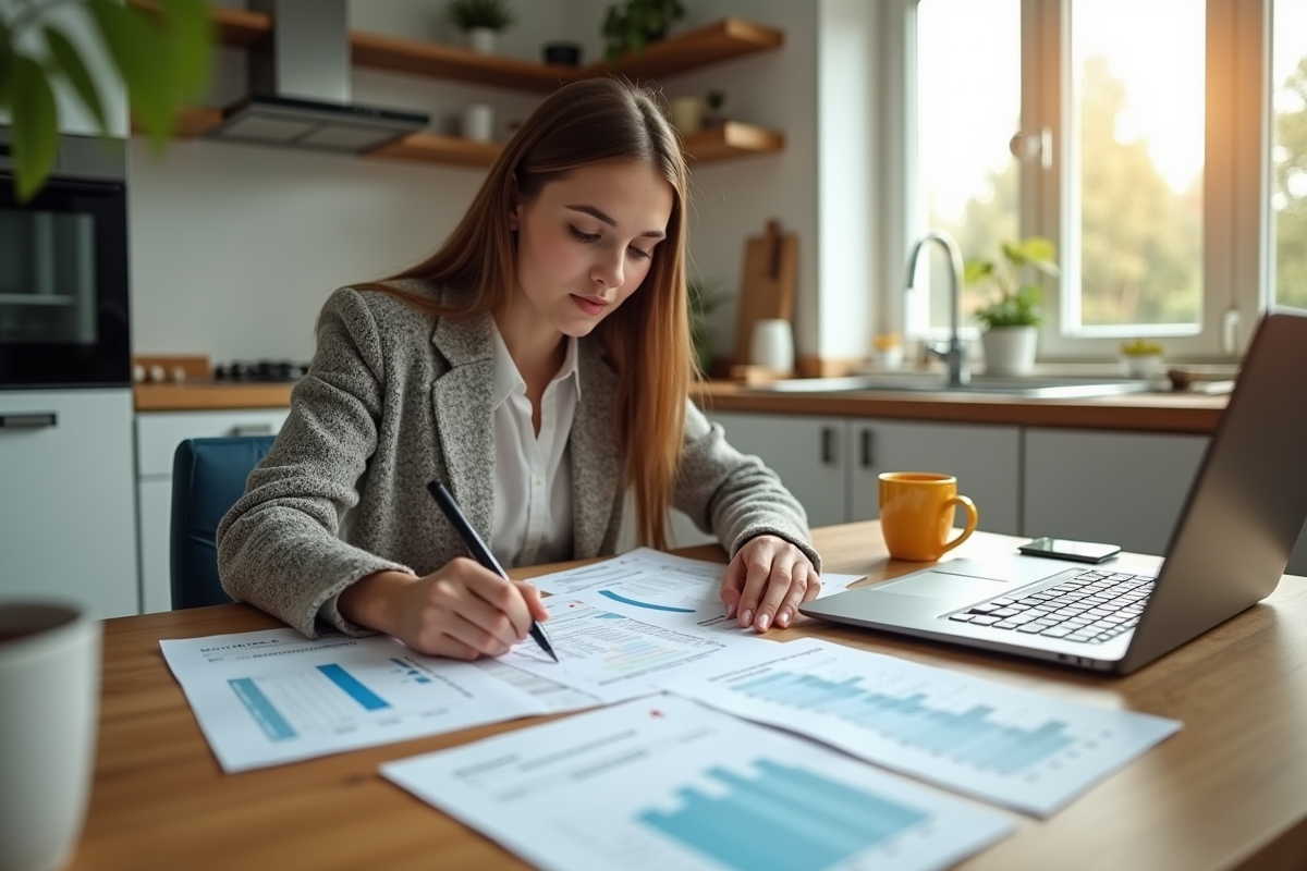Jeune femme d affaires comparant des documents à la maison