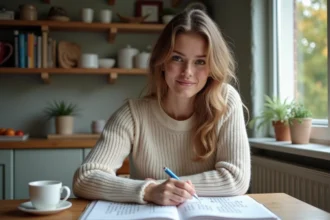 Jeune femme lisant un livre de mots croises dans la cuisine