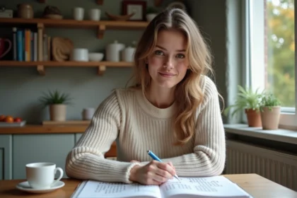 Jeune femme lisant un livre de mots croises dans la cuisine