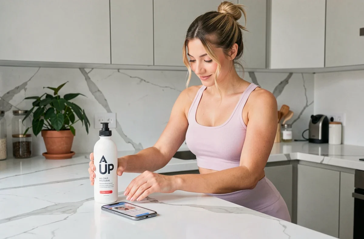 Jeune femme dans une cuisine moderne posant une bouteille Air Up à côté d'un smartphone affichant un code promo