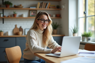 Jeune femme souriante travaillant à son bureau à domicile