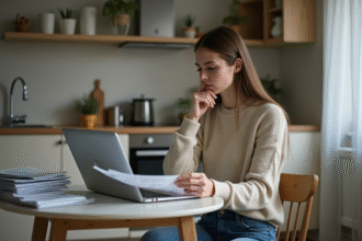 Jeune femme assise à la cuisine avec un papier et un ordinateur