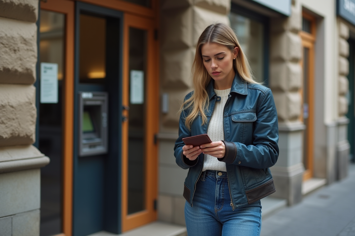 Jeune femme anxieuse vérifiant son portefeuille devant une banque