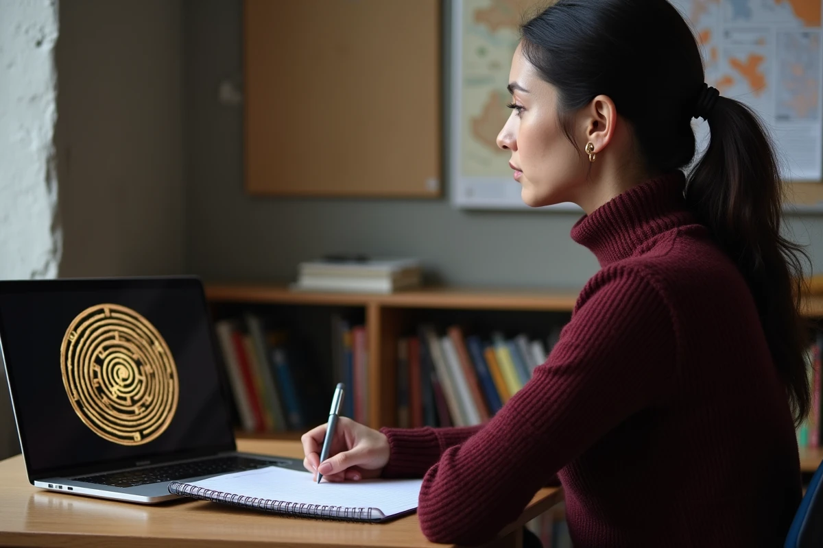 Femme concentrée regardant un documentaire sur le mythe du Minotaure et prenant des notes dans une salle d'étude universitaire