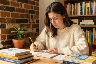 Jeune femme étudiant les règles de conjugaison du français avec des livres de grammaire ouverts sur un bureau en bois