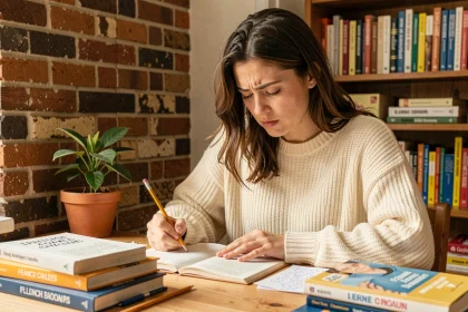 Jeune femme étudiant les règles de conjugaison du français avec des livres de grammaire ouverts sur un bureau en bois