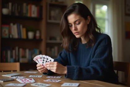 Femme adulte étudiant ses cartes de jeu Palmier avec concentration, règles spéciales et cartes posées sur une table en bois