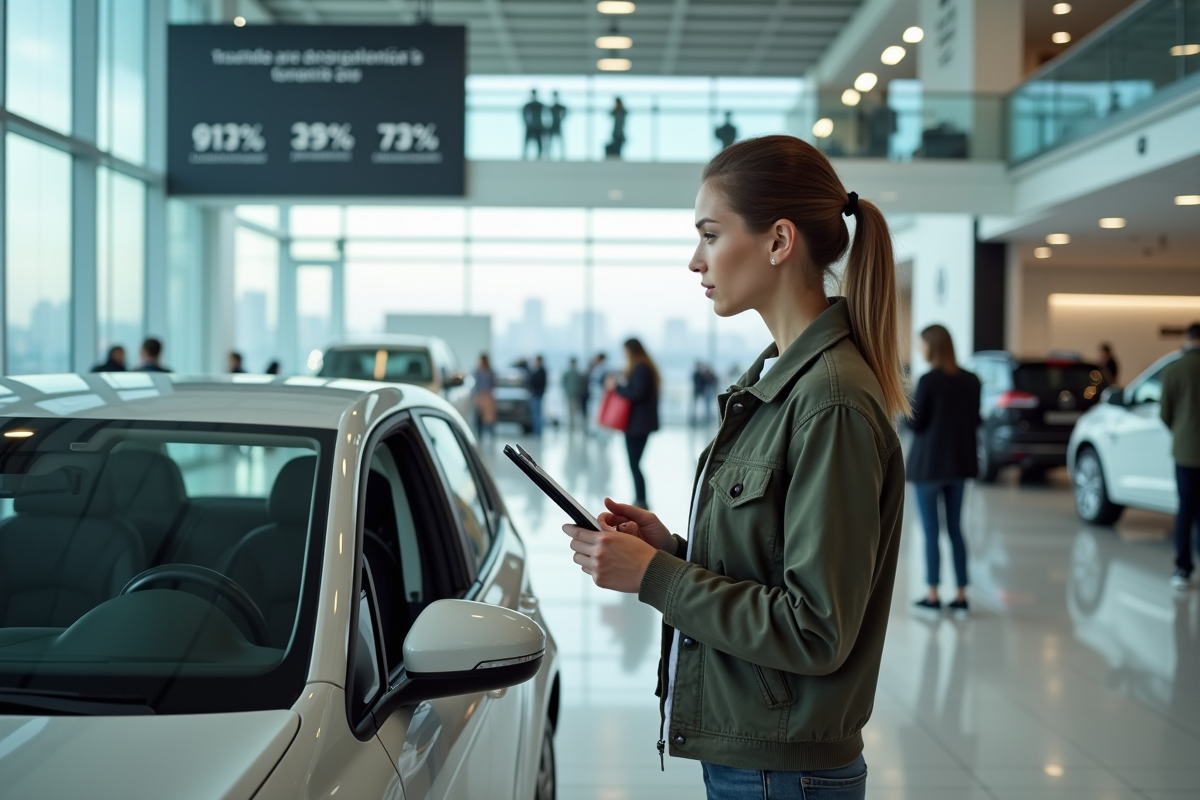 Jeune femme européenne évalue une voiture en showroom intérieur