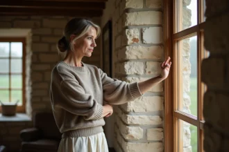 Femme regardant une fenetre double vitrage dans une maison de campagne