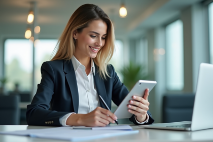 Femme d'affaires utilisant une tablette bancaire dans un bureau lumineux