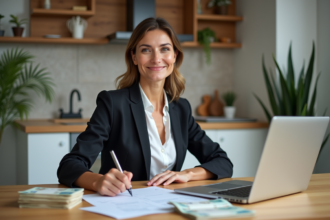 Femme confiante regardant des annonces immobilières dans un appartement lumineux