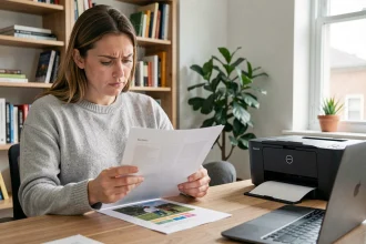 Femme examinant un document imprimé en couleur produit par une imprimante portable compacte posée sur un bureau en bois