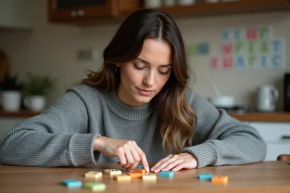 Jeune femme arrangeant des lettres dans la cuisine chaleureuse