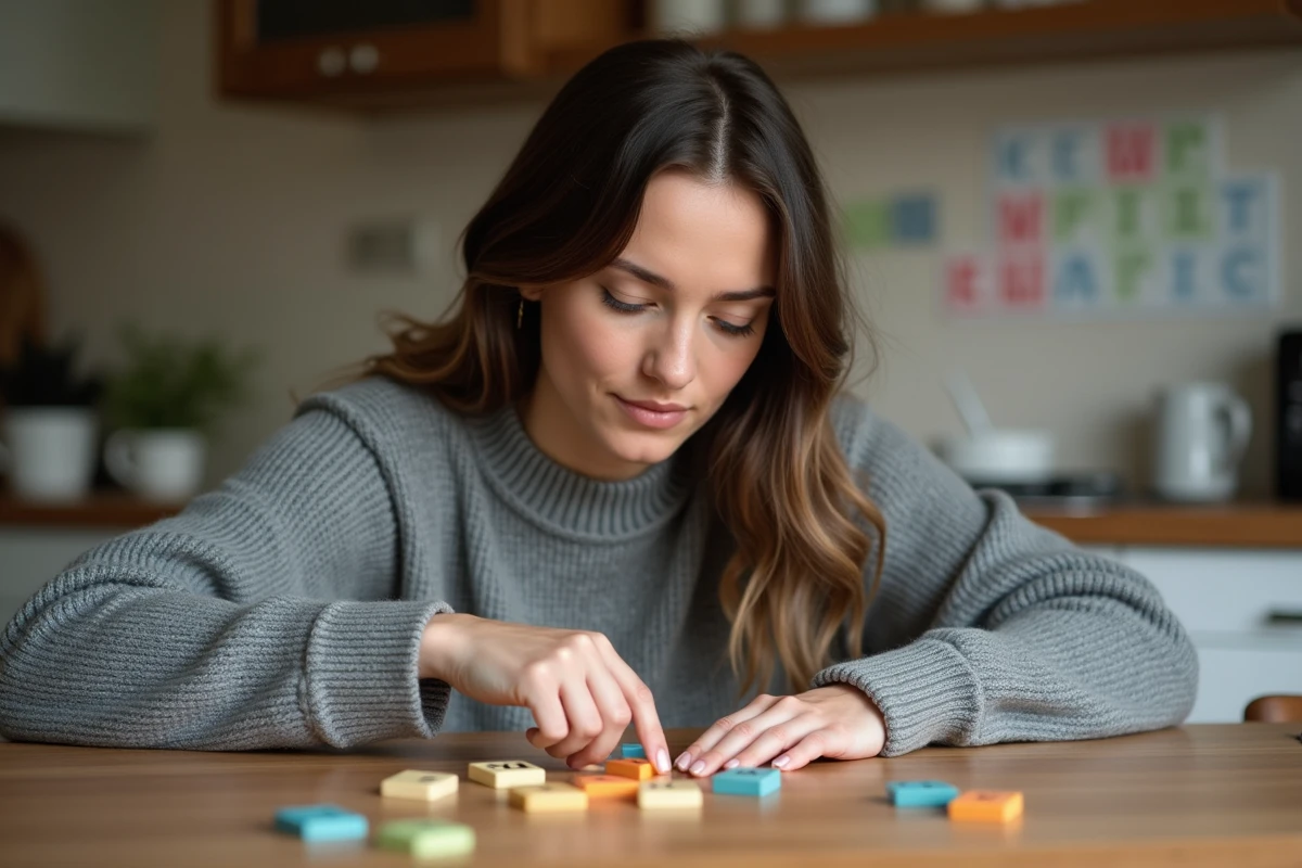 Jeune femme arrangeant des lettres dans la cuisine chaleureuse