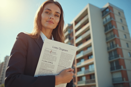 Femme confiante tenant le Code civil devant un immeuble