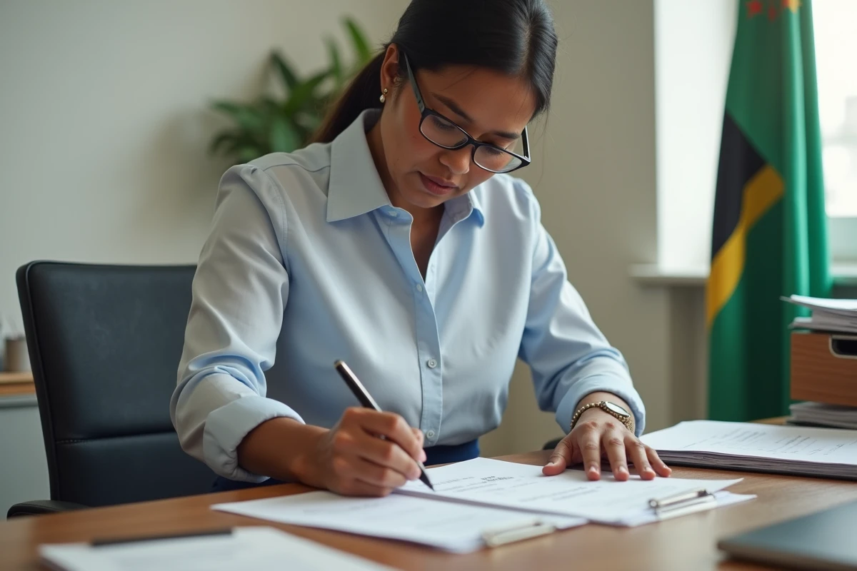 Femme mauricienne remplissant des formulaires au bureau