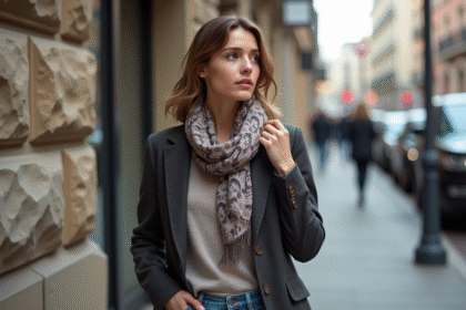 Jeune femme urbaine ajustant son foulard en ville