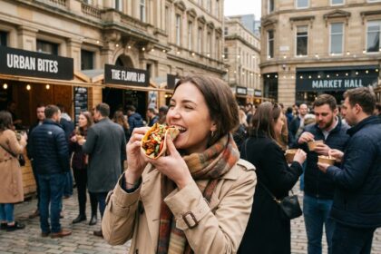 Jeune femme stylée dégustant un taco dans un marché urbain