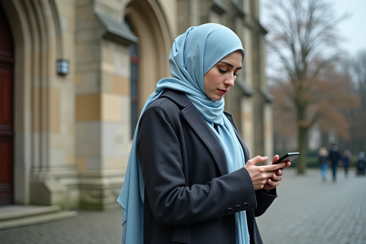 Femme musulmane vérifiant l'heure de prière sur son téléphone devant un monument historique de Compiègne
