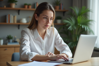 Jeune femme en bureau à la maison consulte des documents de prêt