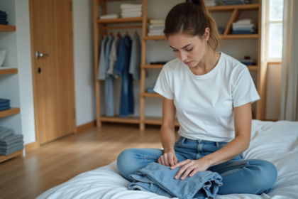 Femme arrangeant des vêtements pliés dans une chambre lumineuse