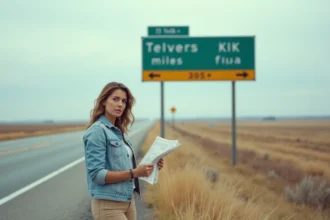 Femme perplexe devant un panneau routier affichant miles et kilomètres sur une route américaine