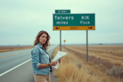 Femme perplexe devant un panneau routier affichant miles et kilomètres sur une route américaine