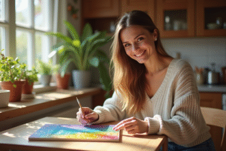 Femme souriante peignant avec des perles de diamants dans la cuisine