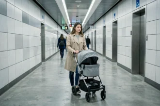 Jeune femme poussant une poussette dans un couloir accessible de la ligne 14 du métro parisien