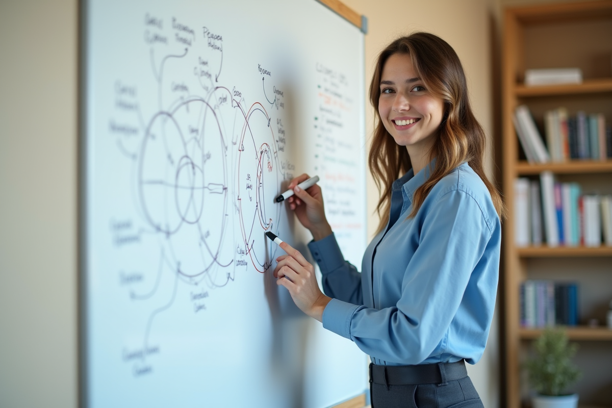 Femme en réunion écrivant sur un tableau blanc dans un bureau lumineux