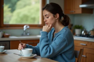 Femme pensante dans la cuisine avec une tasse de thé